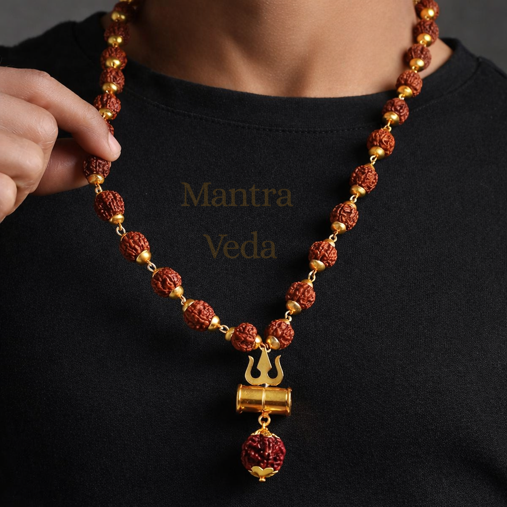 Gold Plated Rudraksha Trishool Necklace