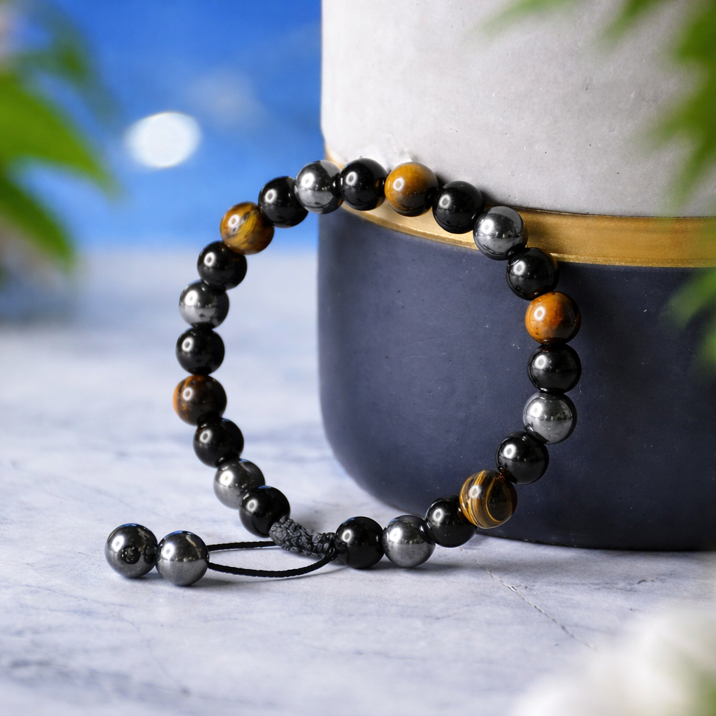 Triple Protection Tie-Up Band with Tiger Eye, Black Obsidian & Hematite Beads