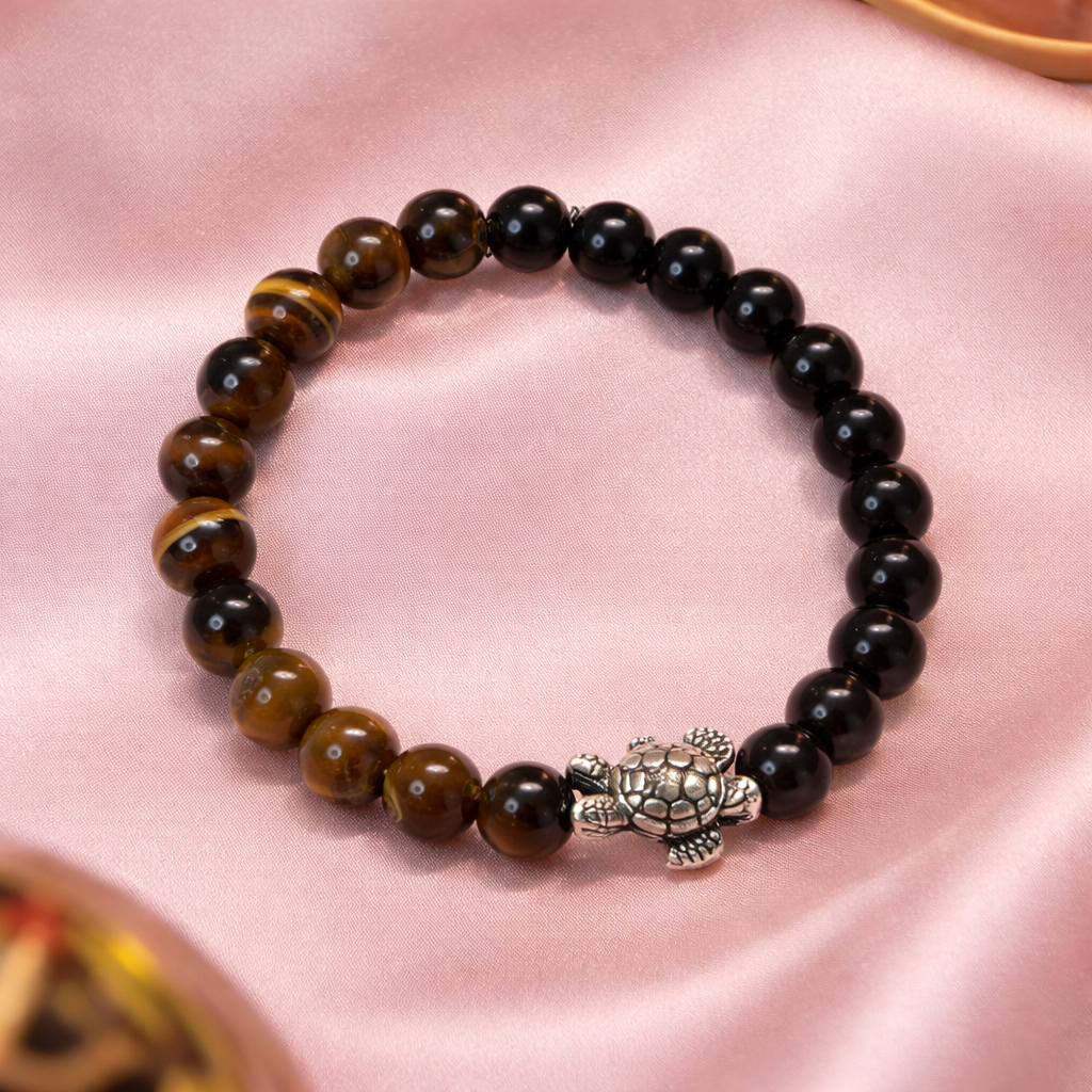 Tiger Eye & Black Onyx Turtle Good Luck Band