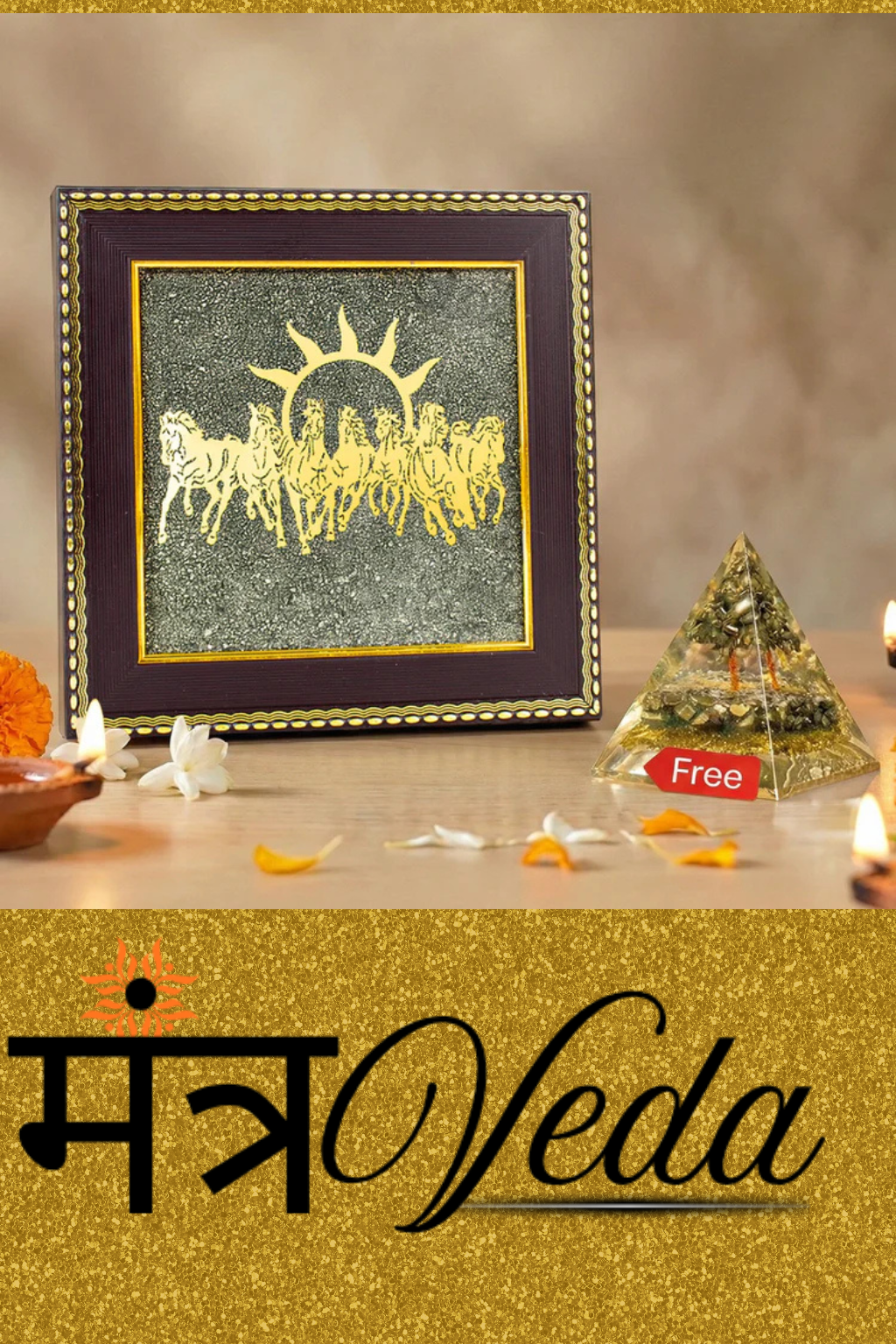 7 Horses on Raw Pyrite Frame with FREE Money Magnet Pyramid (mantrveda)