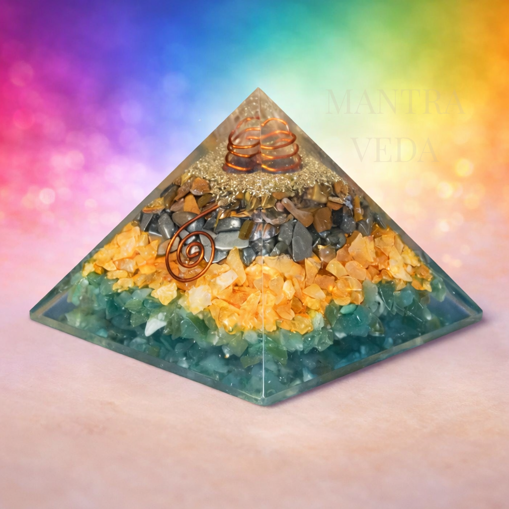 Money Magnet Pyramid with Pyrite, Tiger Eye, Citrine and Aventurine Stones