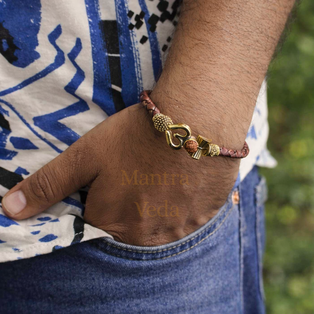 Rustic Om Rudraksha Leather Bracelet For Men