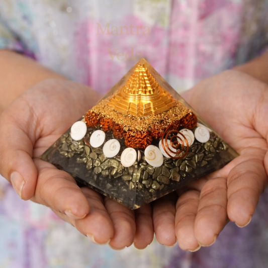 Dhanlabh Pyramid with Shree Yantra, Rudraksha, Gomti Chakra & Pyrite
