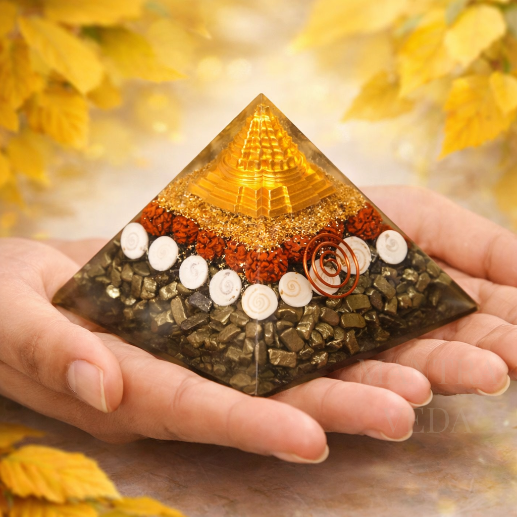 Dhanlabh Pyramid with Shree Yantra, Rudraksha, Gomti Chakra & Pyrite