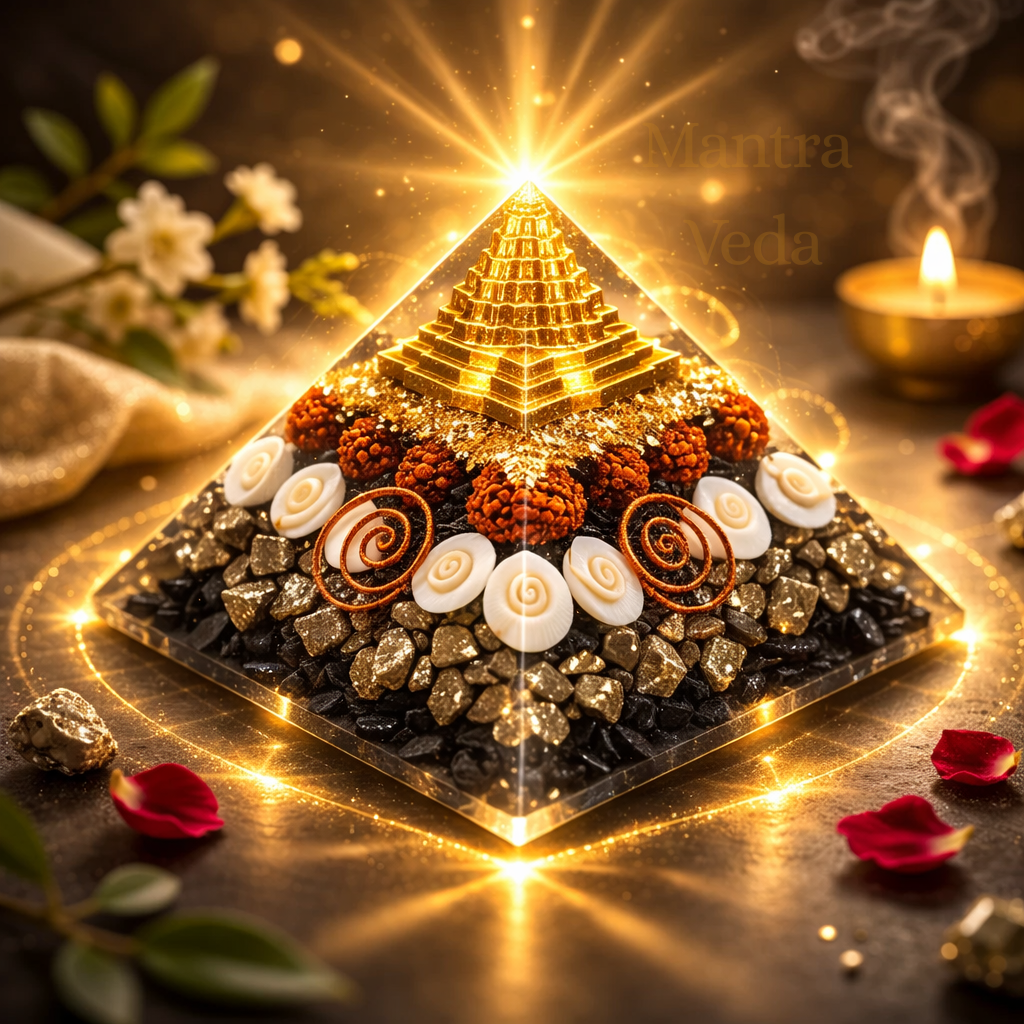 Dhanlabh Pyramid with Shree Yantra, Rudraksha, Gomti Chakra & Pyrite