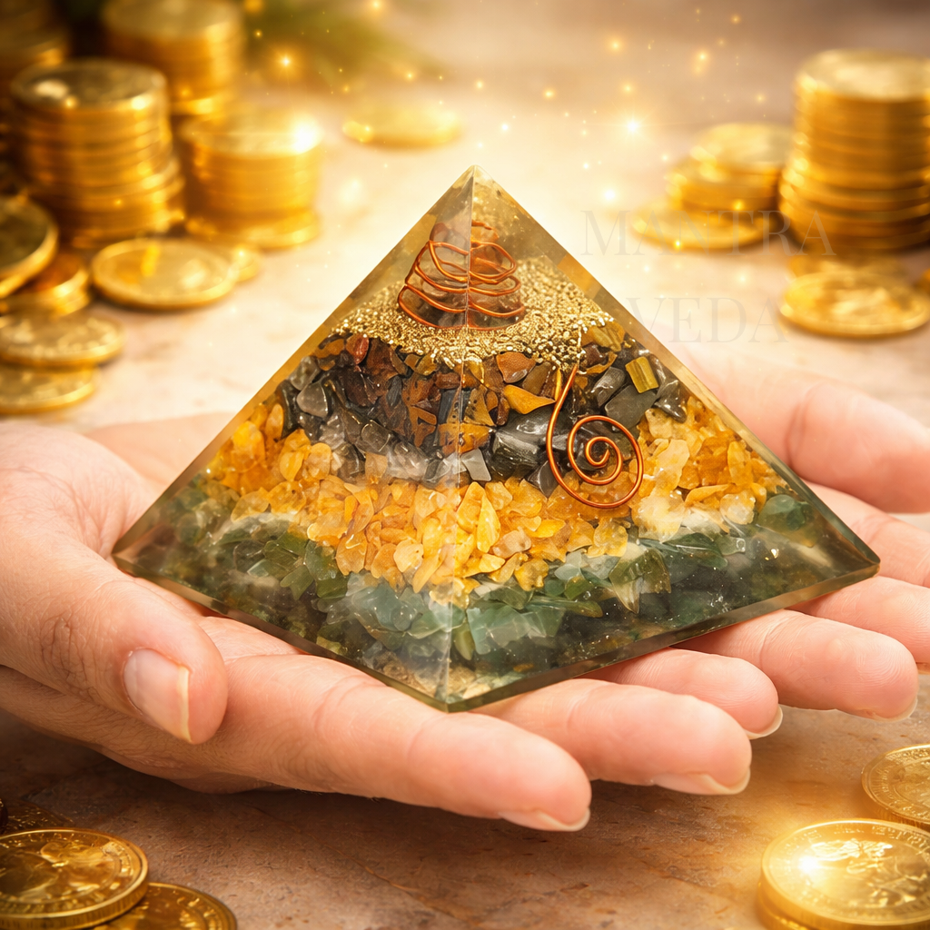 Money Magnet Pyramid with Pyrite, Tiger Eye, Citrine and Aventurine Stones