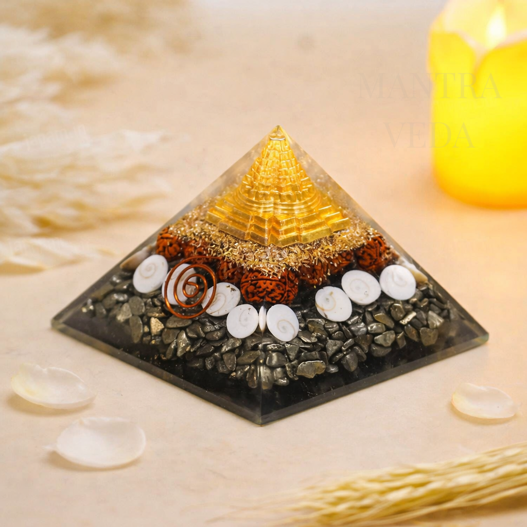 Dhanlabh Pyramid with Shree Yantra, Rudraksha, Gomti Chakra & Pyrite