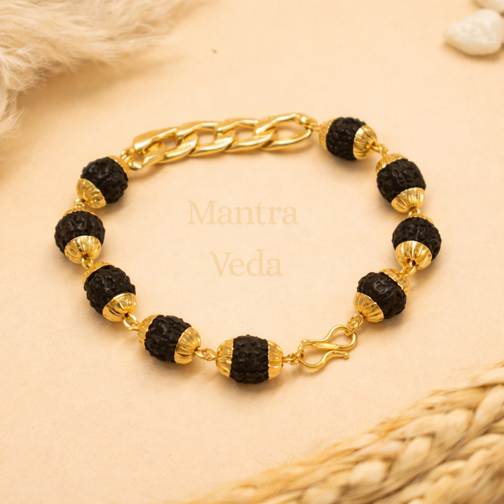 Gold Plated Black Links Rudraksha Bracelet For Men