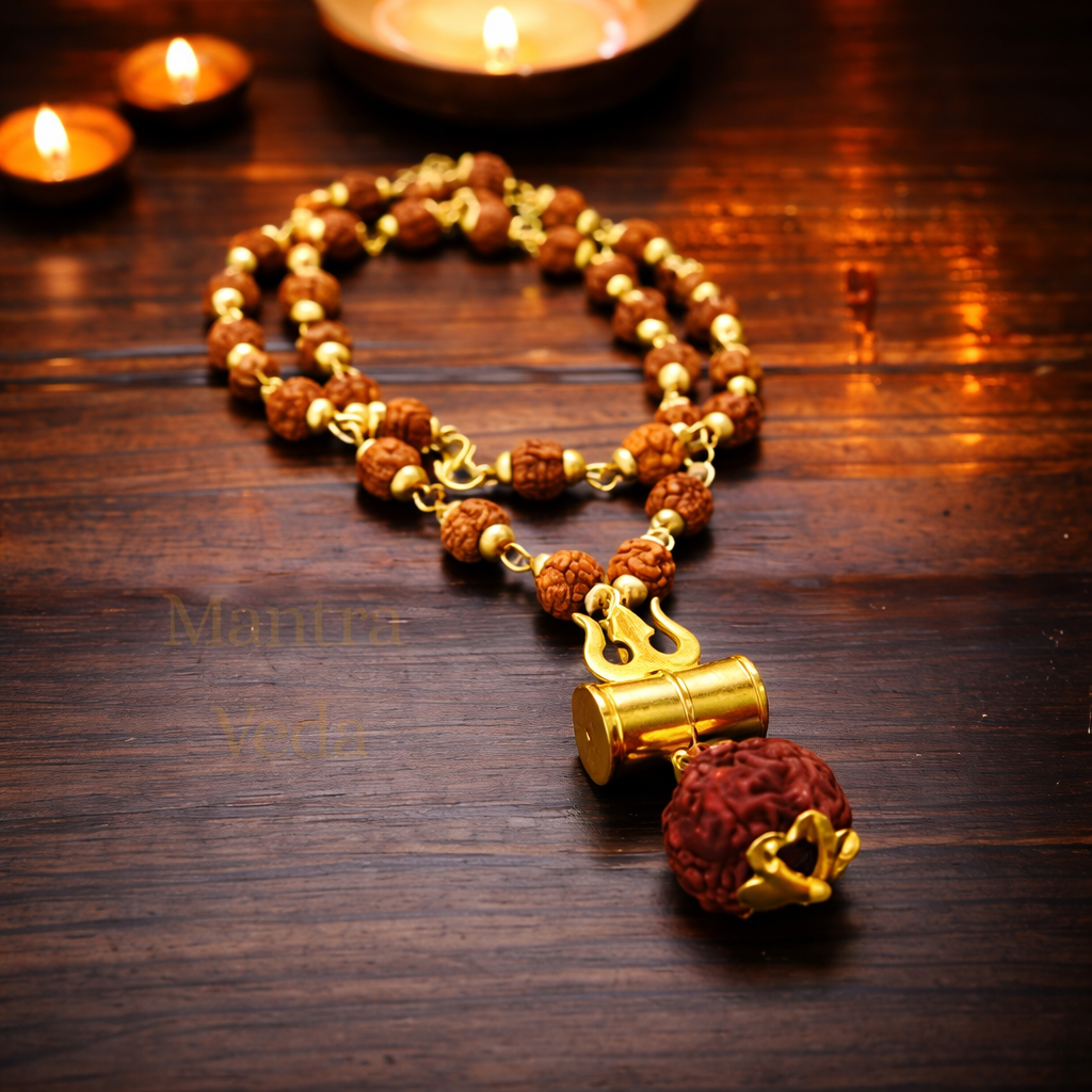 Gold Plated Rudraksha Trishool Necklace