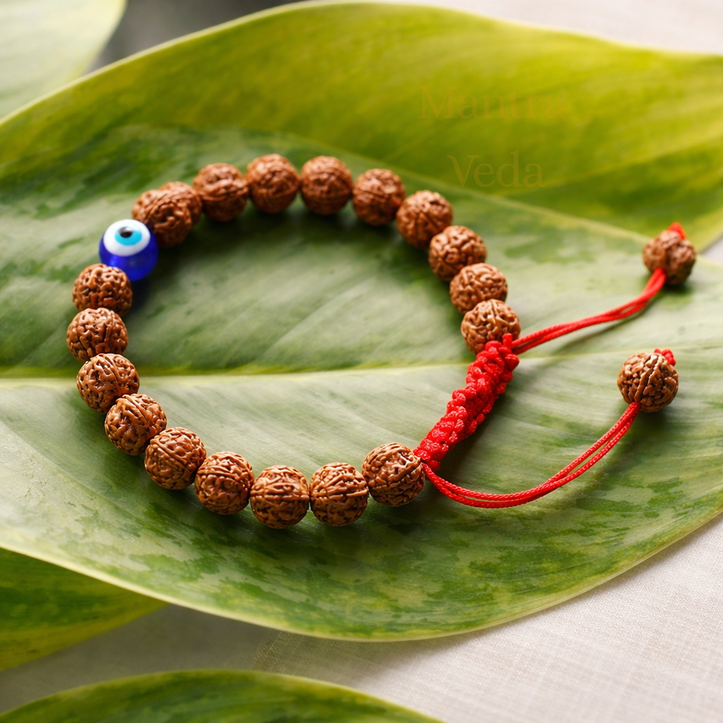 Authentic 5 Mukhi Rudraksha Evil Eye Tie-up Band