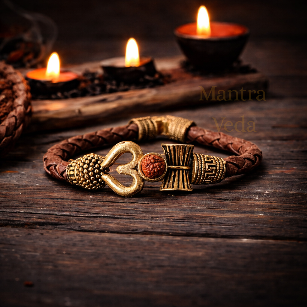 Rustic Om Rudraksha Leather Bracelet For Men