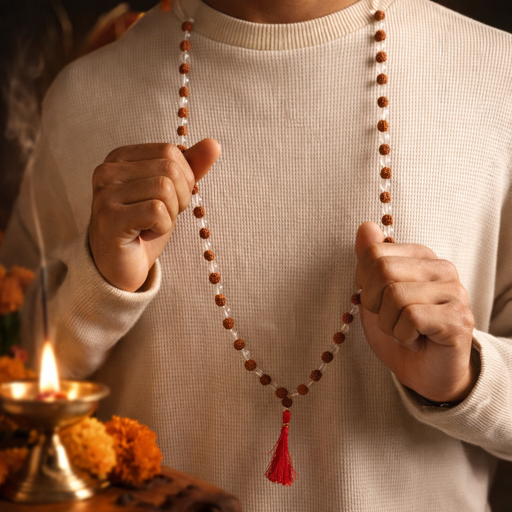 Sphatik and Rudraksha Mala - 108+1 Beads