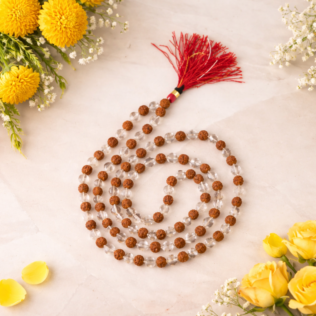 Sphatik and Rudraksha Mala - 108+1 Beads