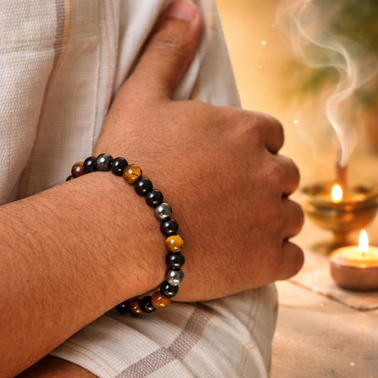 Triple Protection Tie-Up Band with Tiger Eye, Black Obsidian & Hematite Beads