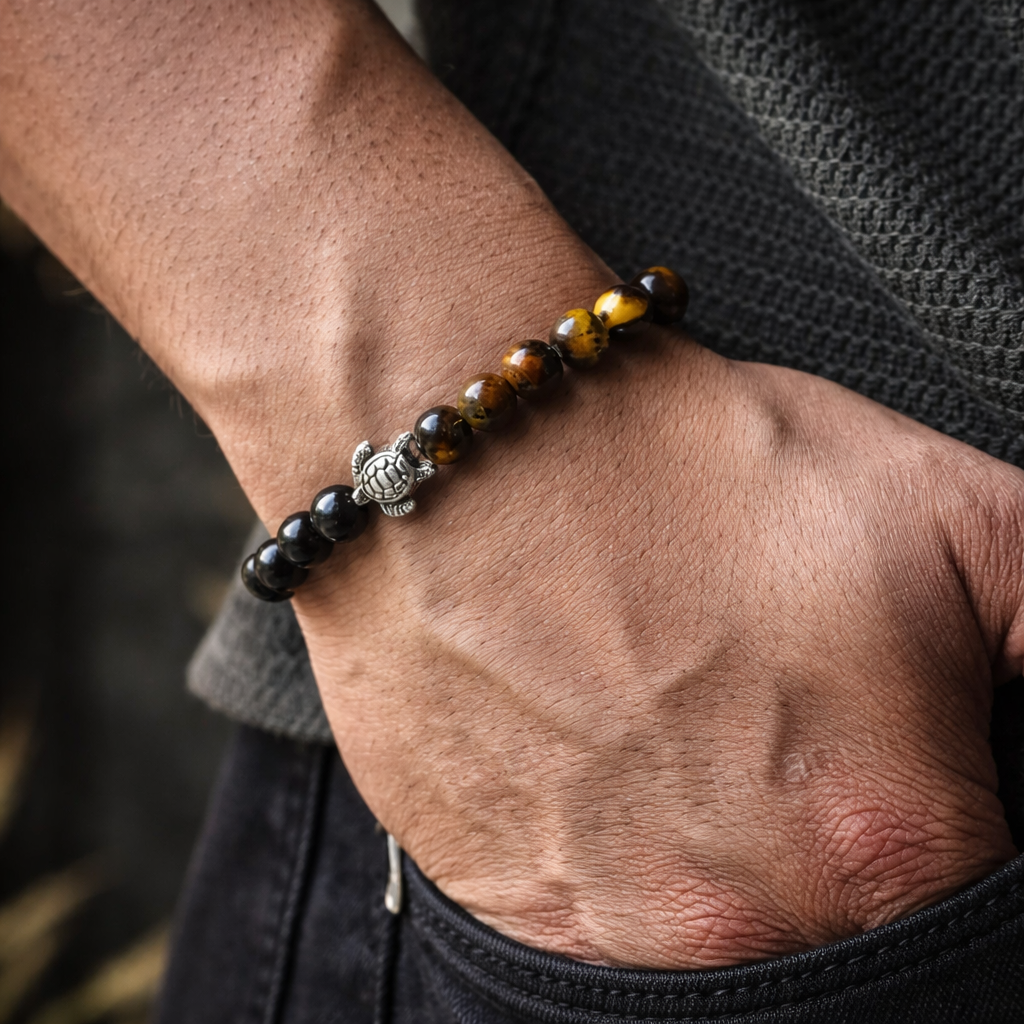 Tiger Eye & Black Onyx Turtle Good Luck Band