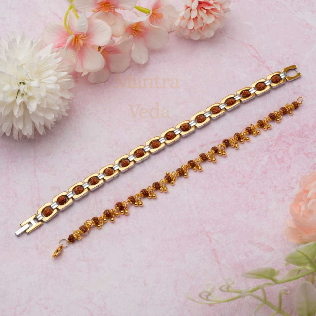 Gold Plated Elemental + Duotone Rudraksha Bracelet Combo